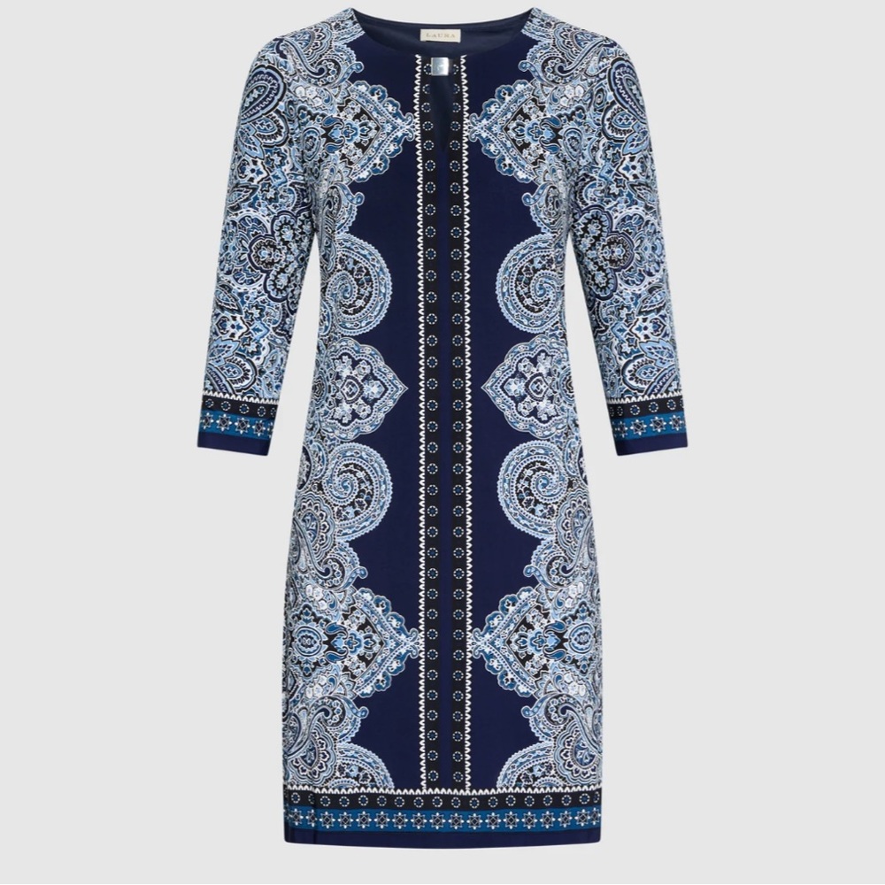 Laura Paisley Print Keyhole Detail Dress Steel Blue